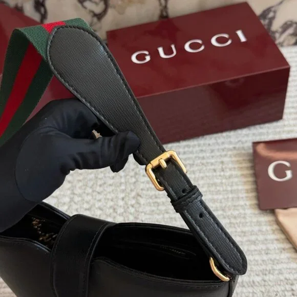 Gucci Black Leather Mini Bucket Bag Web Stripe Shoulder Strap + Box - Picture 4 of 8